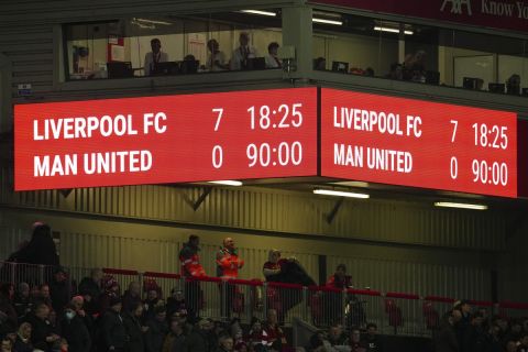 The scoreboard shows the final score after the the English Premier League soccer match between Liverpool and Manchester United at Anfield in Liverpool, England, Sunday, March 5, 2023. Liverpool won the match 7-0. (AP Photo/Jon Super)